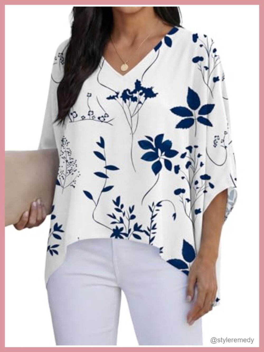 Women's V Neck Batwing Sleeve Tunic Blouse Asymmetrical Hem Loose Top